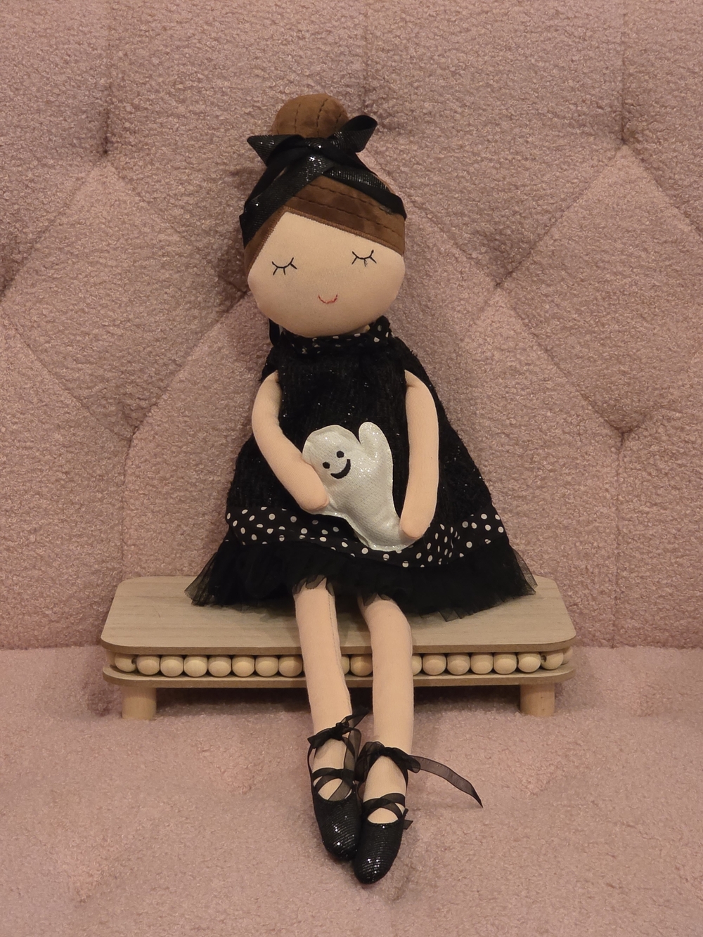 Halloween Ballerina Doll Holding A Ghost Tulle Dress with Bow Shelf Sitter